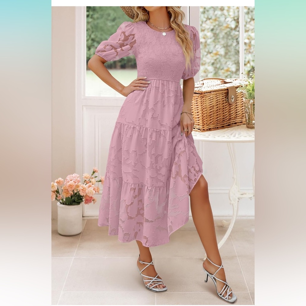 Short Puff Sleeve Crewneck Smocked Floral Lace Flowy A Line Tiered Maxi Dresses